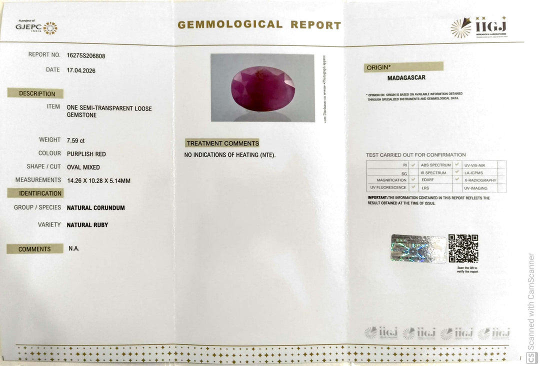 7.59/CT Natural Ruby Stone with Govt. Lab Certificate-16275S206808