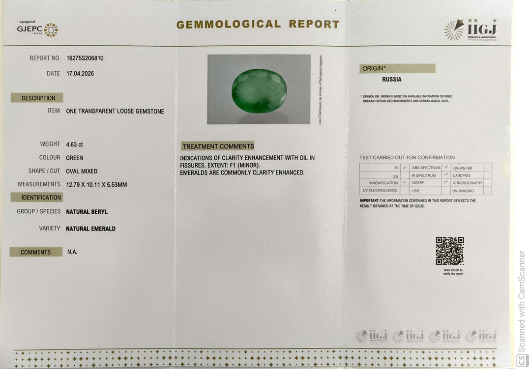 4.63/CT Natural Panna Stone with Govt. Lab Certificate-16275S206810