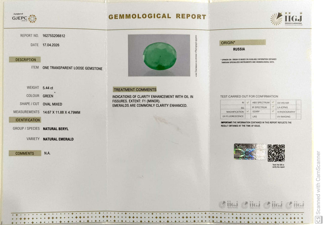 5.44/CT Natural Panna Stone with Govt. Lab Certificate-16275S206812