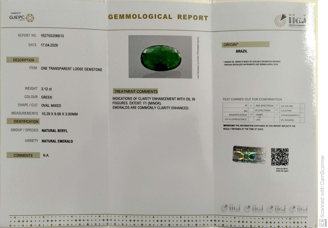 3.12/CT Natural Panna Stone with Govt. Lab Certificate-16275S206813
