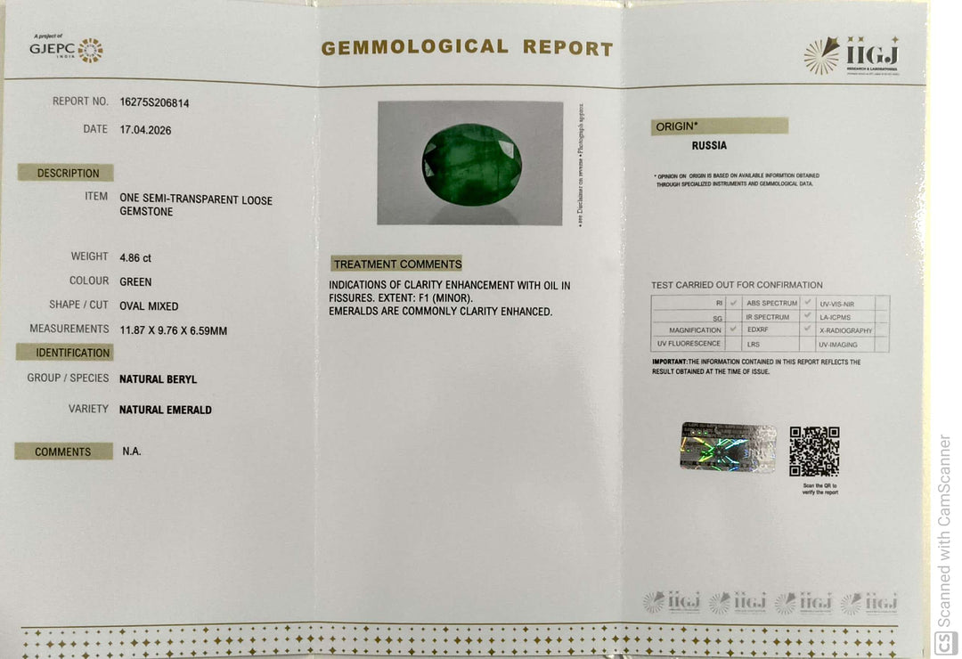 4.86/CT Natural Panna Stone with Govt. Lab Certificate-16275S206814