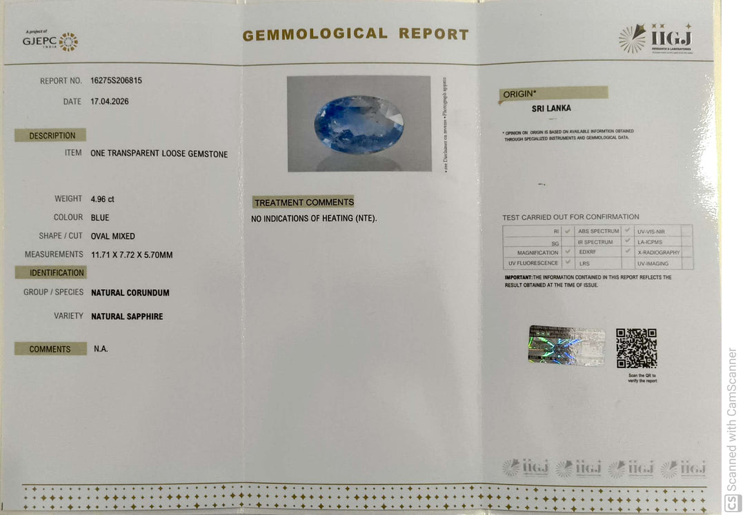 4.96/CT Natural Blue Sapphire with Govt Lab Certificate-16275S206815