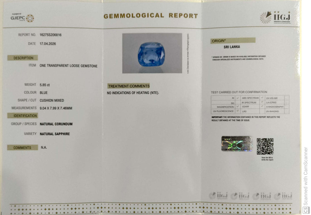 5.85/CT Natural Blue Sapphire with Govt Lab Certificate-16275S206816
