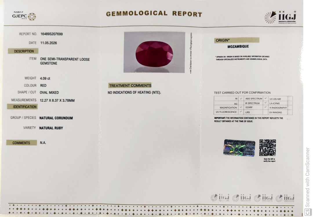 4.09/CT Natural Mozambique Ruby Stone with Govt. Lab Certificate-16489S207699