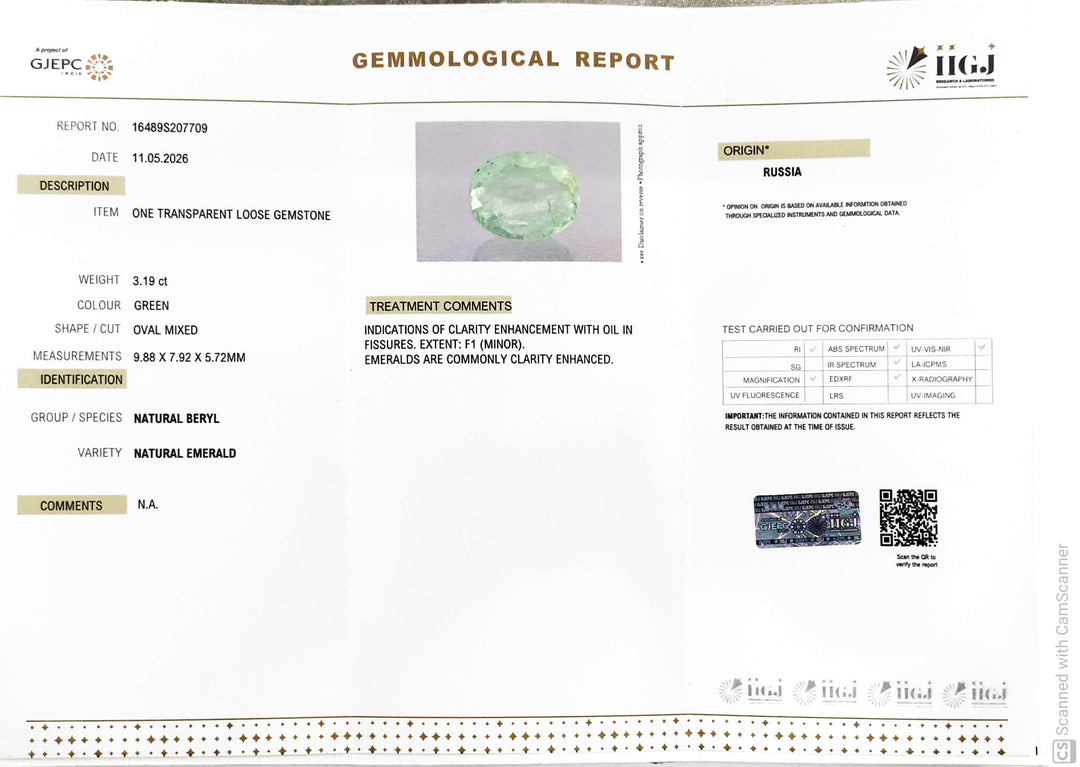 3.19/CT Natural Panna Stone with Govt. Lab Certificate-16489S207709