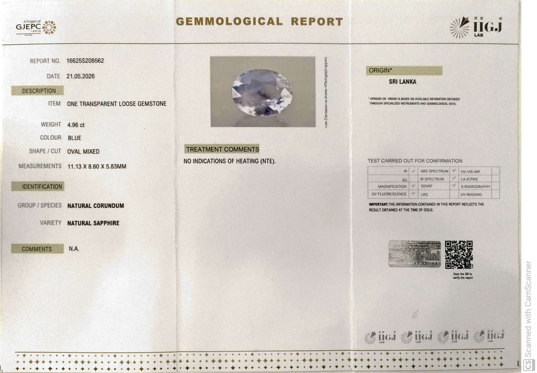 4.96/CT Natural Blue Sapphire with Govt Lab Certificate-16625S208562