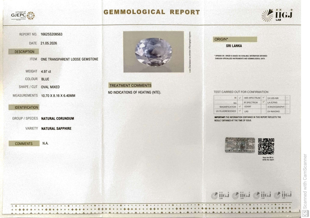 4.97/CT Natural Blue Sapphire with Govt Lab Certificate-16625S208563