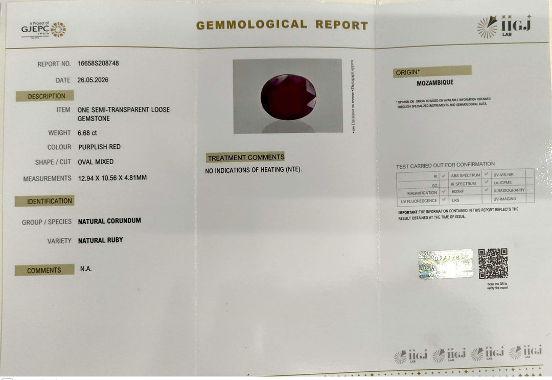 6.68/CT Natural Ruby Stone with Govt. Lab Certificate-16658S208748