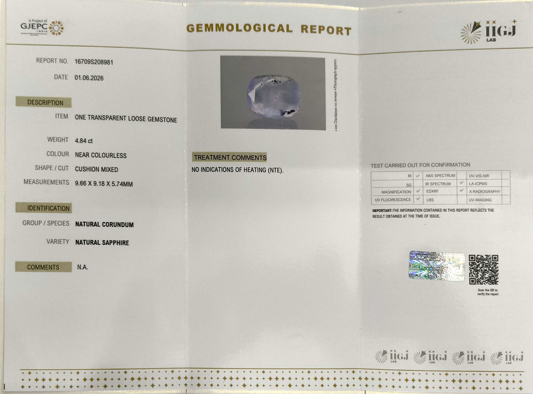 4.84/CT Natural White Sapphire with Govt Lab Certificate-16709S208981