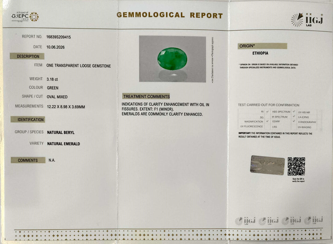 3.18/CT Natural Panna Stone with Govt. Lab Certificate-16839S209415