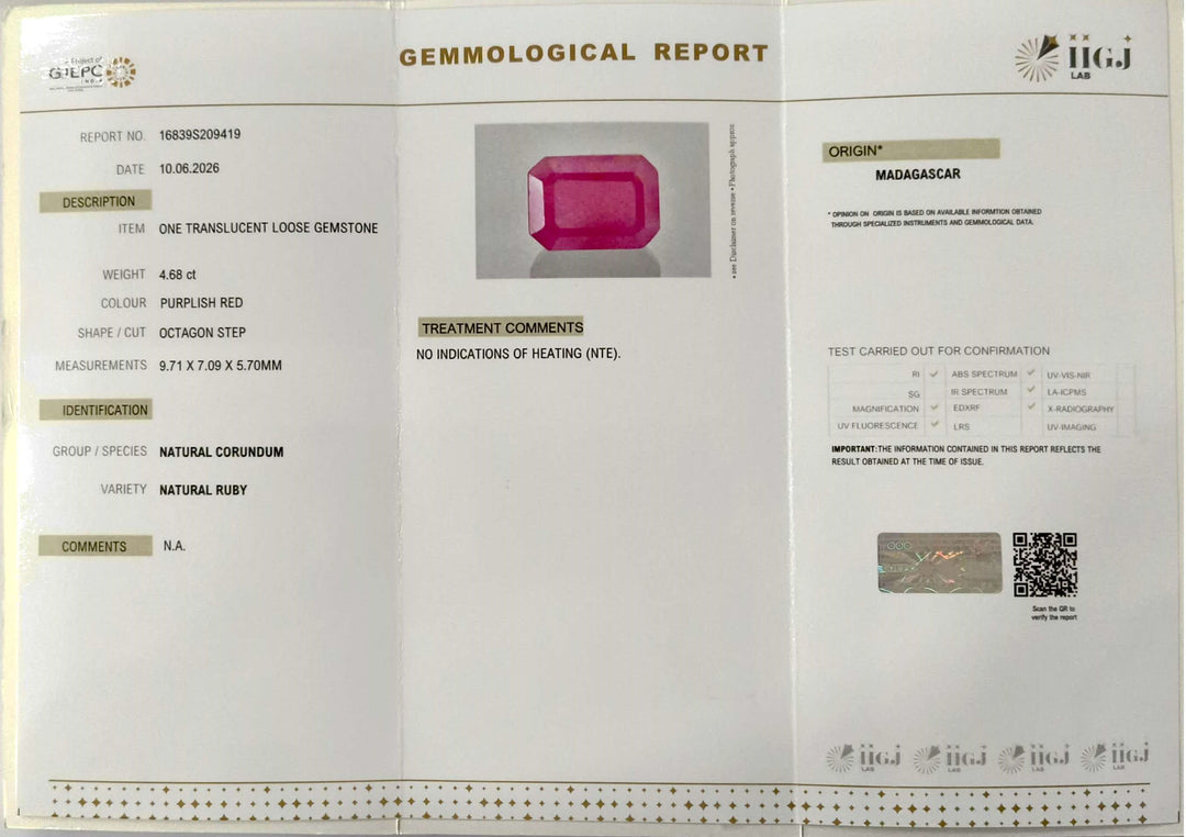 4.68/CT Natural Ruby Stone with Govt. Lab Certificate-16839S209419