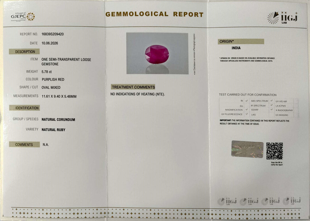 5.78/CT Natural Ruby Stone with Govt. Lab Certificate-16839S209420