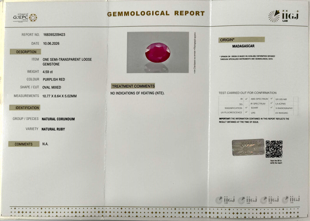 4.59/CT Natural Ruby Stone with Govt. Lab Certificate-16839S209423