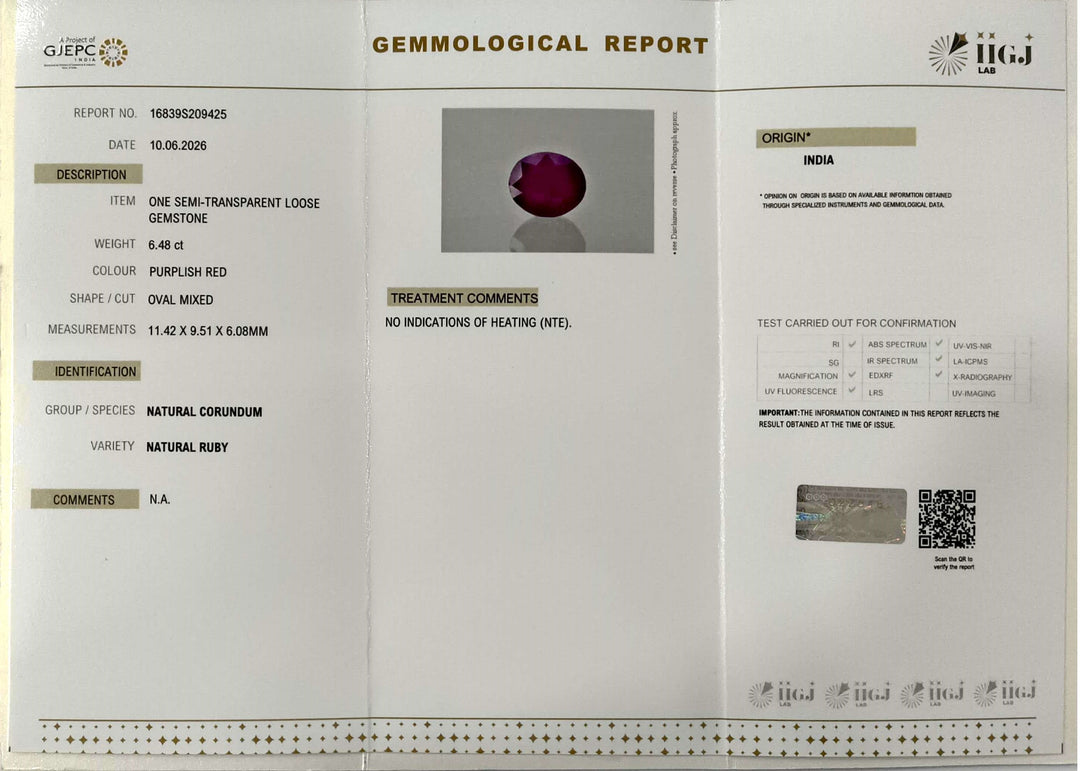 6.48/CT Natural Ruby Stone with Govt. Lab Certificate-16839S209425