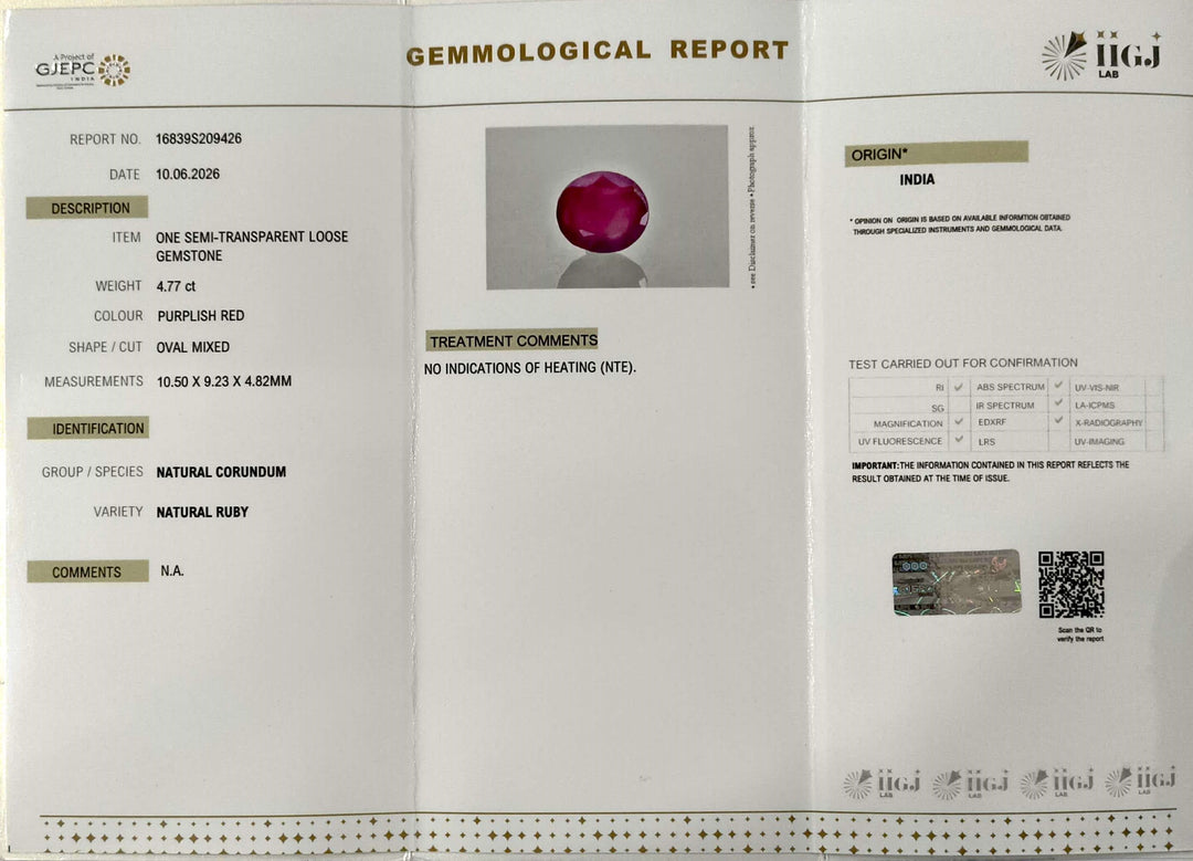 4.77/CT Natural Ruby Stone with Govt. Lab Certificate-16839S209426