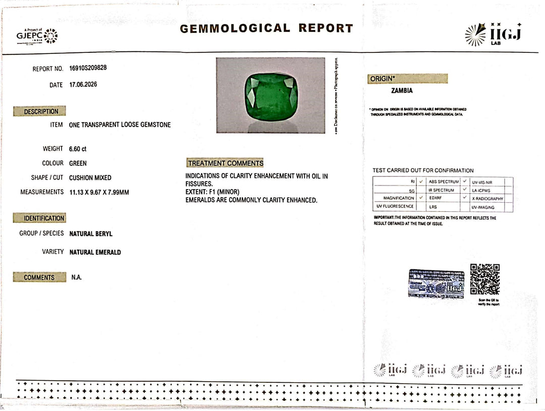 6.6/CT Natural Panna Stone with Govt. Lab Certificate-16910S209828