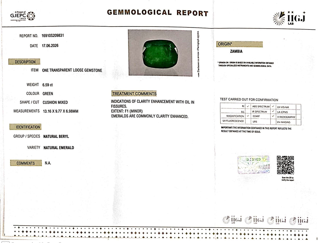 6.59/CT Natural Panna Stone with Govt. Lab Certificate-16910S209831