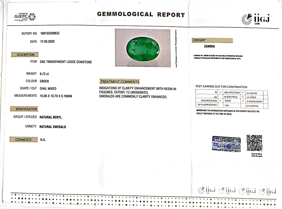 6.77/CT Natural Panna Stone with Govt. Lab Certificate-16910S209832