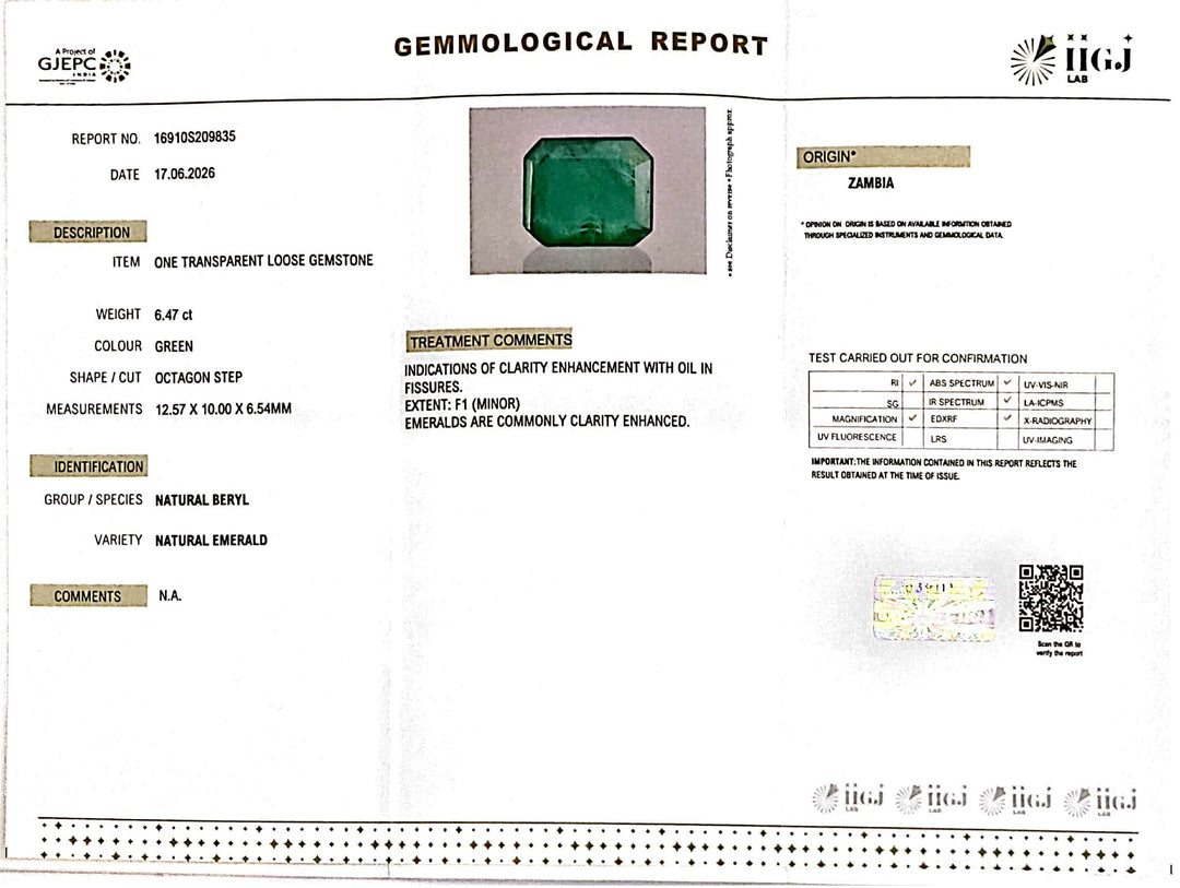 6.47/CT Natural Panna Stone with Govt. Lab Certificate-16910S209835