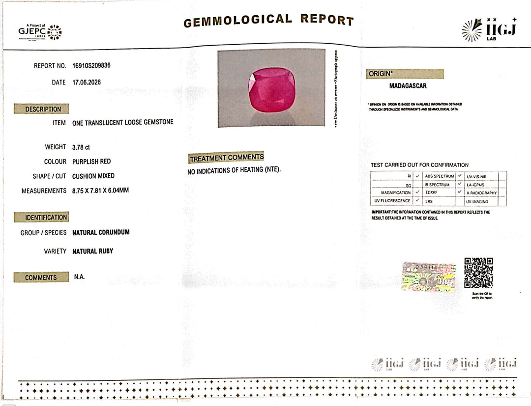 3.78/CT Natural Ruby Stone with Govt. Lab Certificate-16910S209836