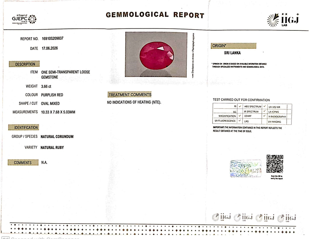 3.66/CT Natural Ruby Stone with Govt. Lab Certificate-16910S209837