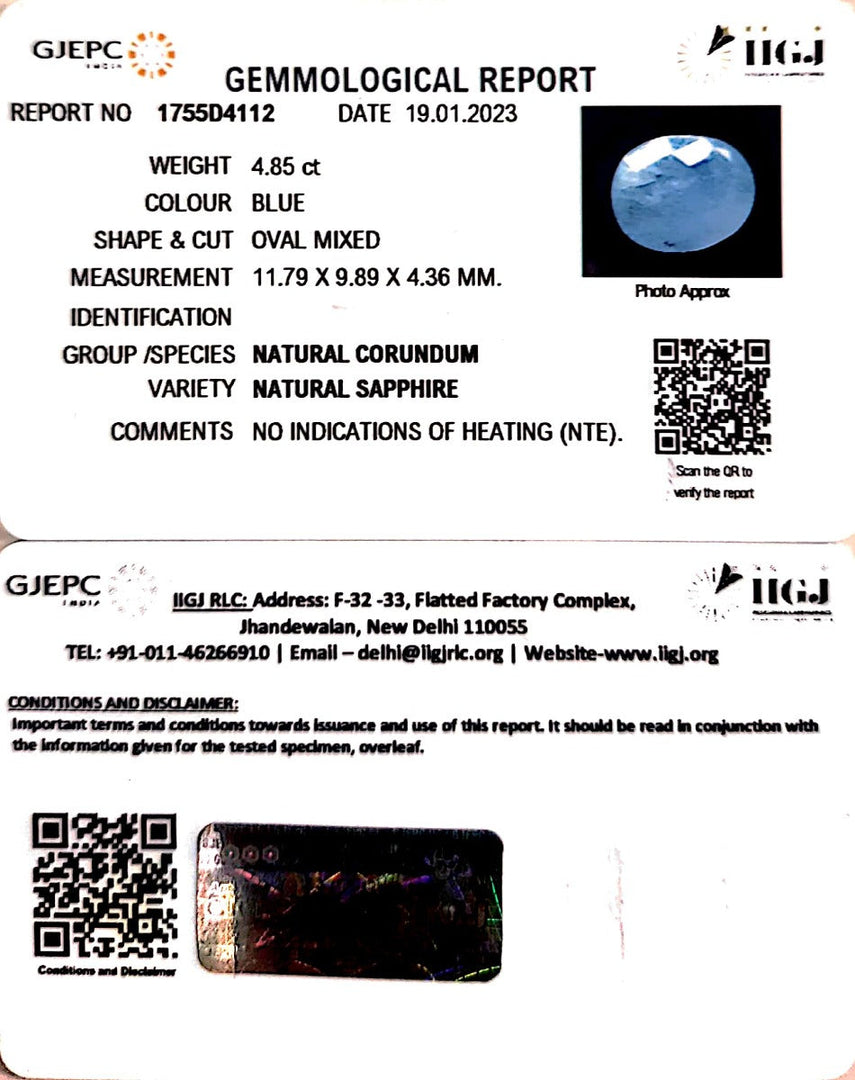 4.85/CT Natural Ceylonese Neelam with Govt Lab Certified (8991)