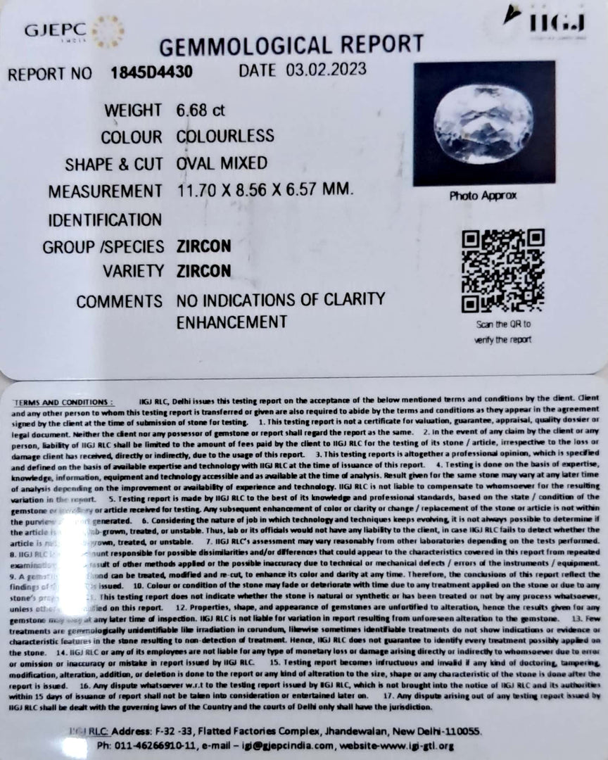 6.68/CT Natural Zircon with Govt. Lab certificate (3441)