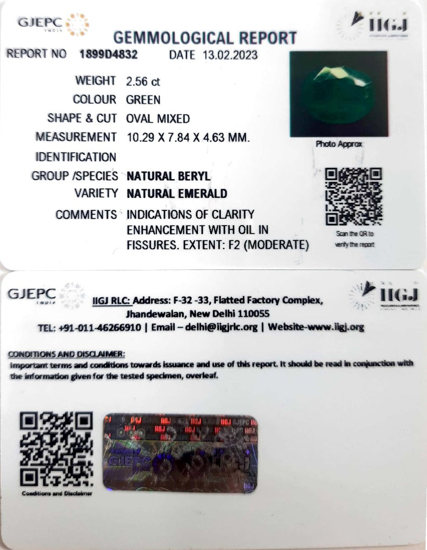 2.56/CT Natural Panna Stone with Govt. Lab Certificate (8991)