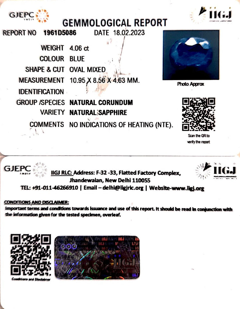 4.06/CT Natural Ceylonese Neelam with Govt Lab Certified (8991)