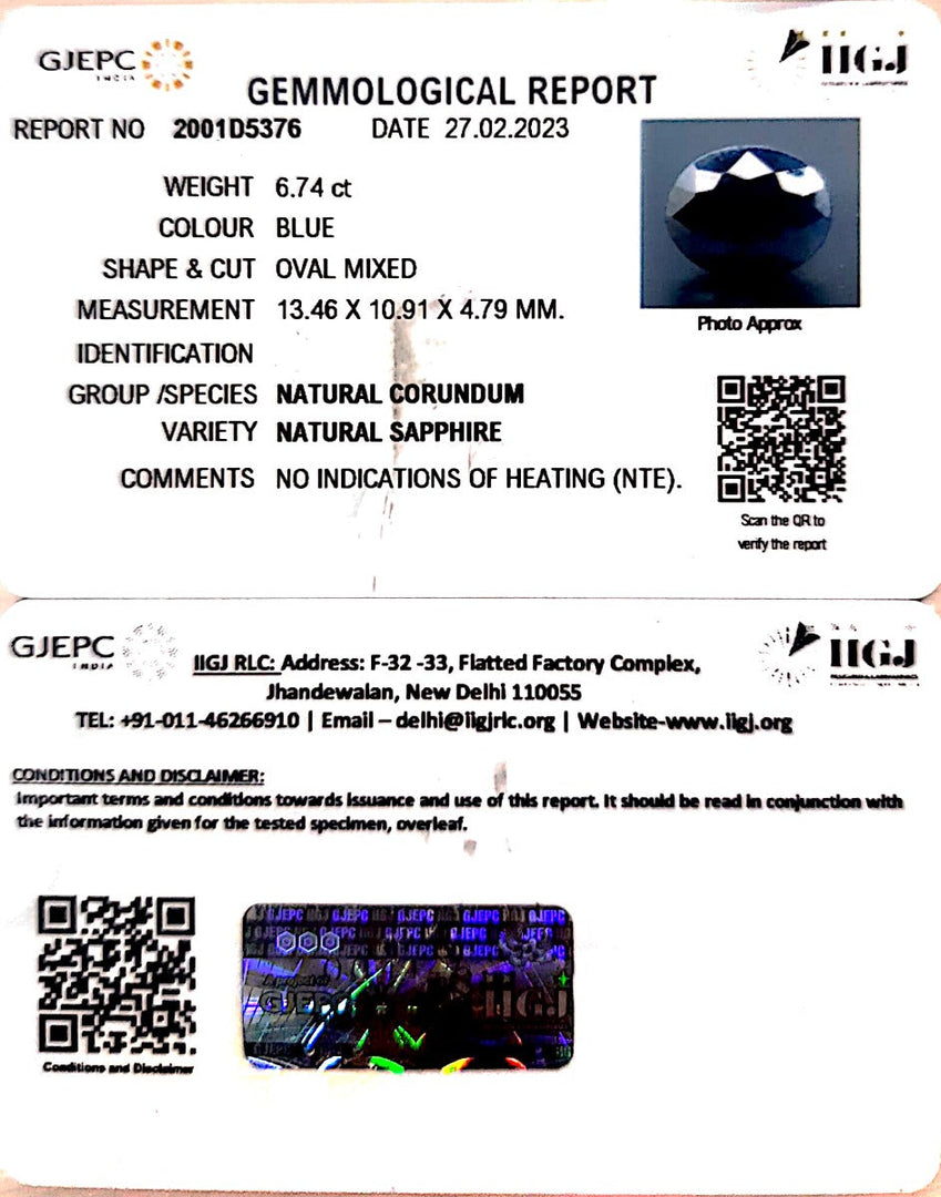 6.74/CT Natural Blue Sapphire with Govt Lab Certificate (2331)