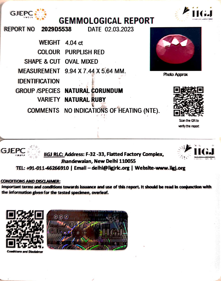 4.04/CT Natural Ruby with Govt. Lab Certificate (23310)