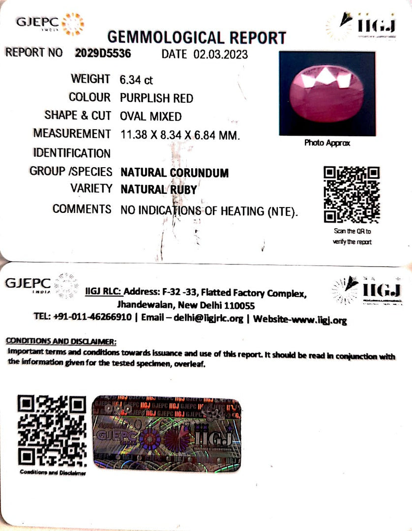 6.34/CT Natural Mozambique Ruby with Govt. Lab Certificate (RUBY9T)