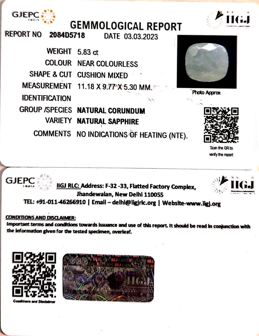 5.83/CT Natural White Sapphire with Govt Lab Certificate (4551)