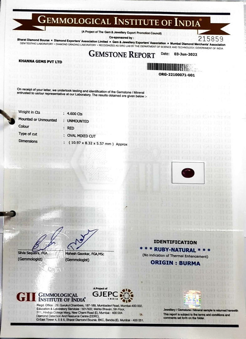 4.60/CT Natural Old Burma Ruby with IIG Govt. Lab Certificate-175000