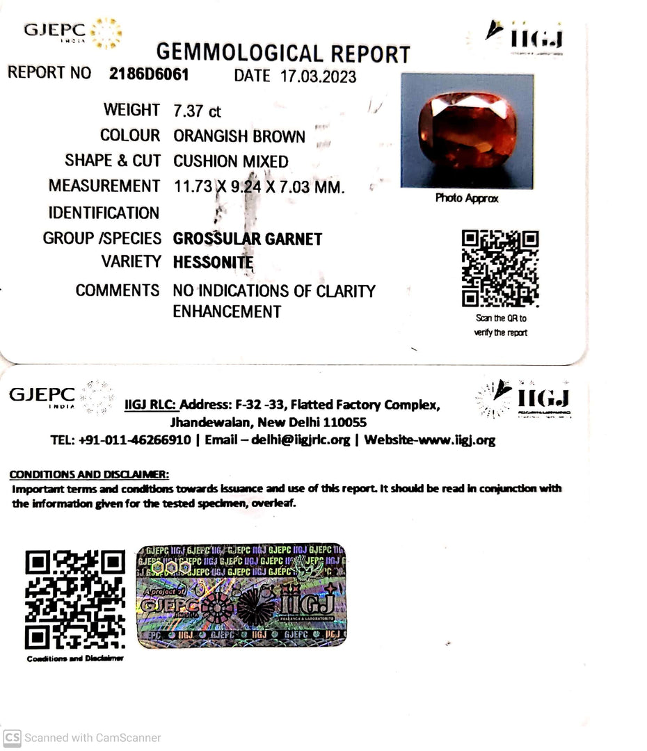 7.37/CT Natural Hessonite Stone with Govt. Lab Certificate-2186D6061