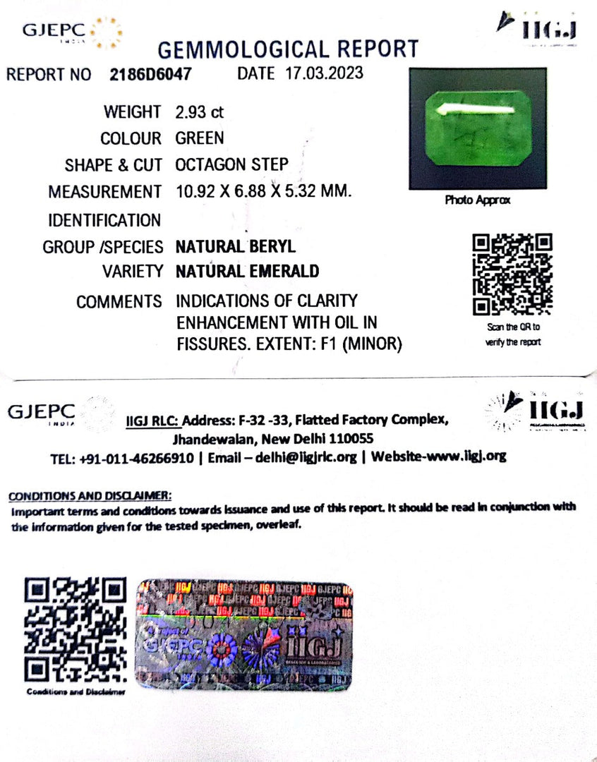 2.93/CT Natural Panna Stone with Govt. Lab Certificate (4551)