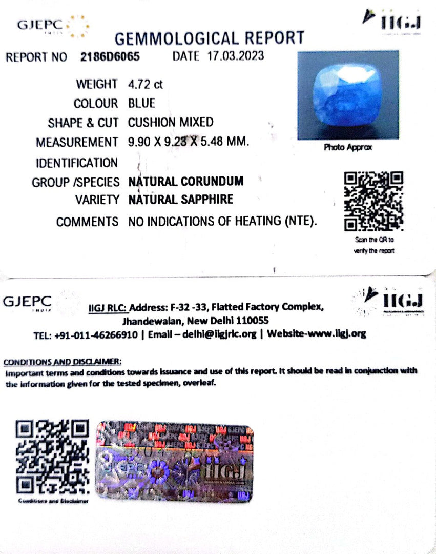 4.72/CT Natural Blue Sapphire with Govt Lab Certificate-BLUSA9S