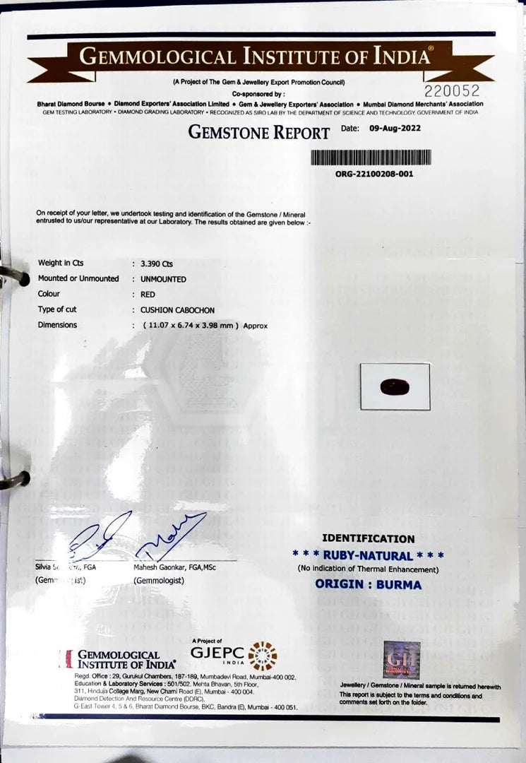 3.39/CT Natural Old Burma Ruby with IIGJ Govt. Lab Certificate-220052