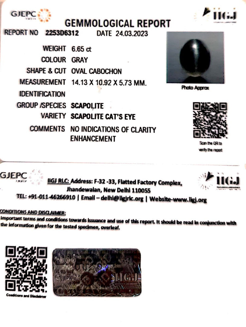 6.65/CT Natural Scapolite Cat's Eye with Govt. Lab Certified-(1221)