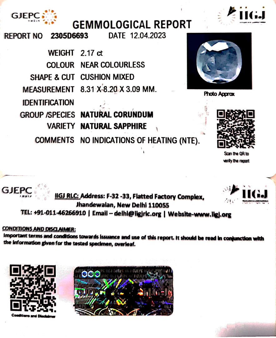 2.17/CT Natural White Sapphire with Govt Lab Certificate-2305D6693