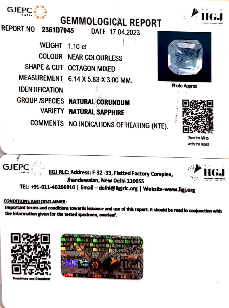 1.10/CT Natural White Sapphire with Govt Lab Certificate-2361D7045