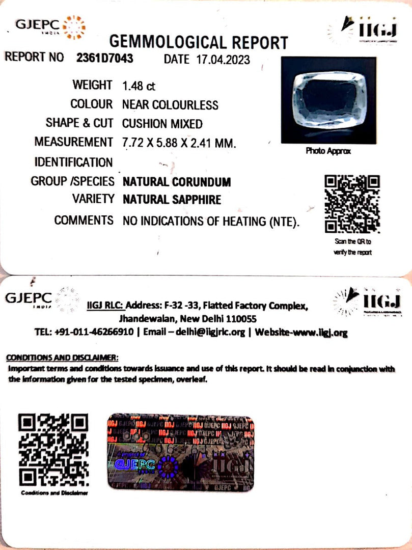 1.48/CT Natural White Sapphire with Govt Lab Certificate-16650