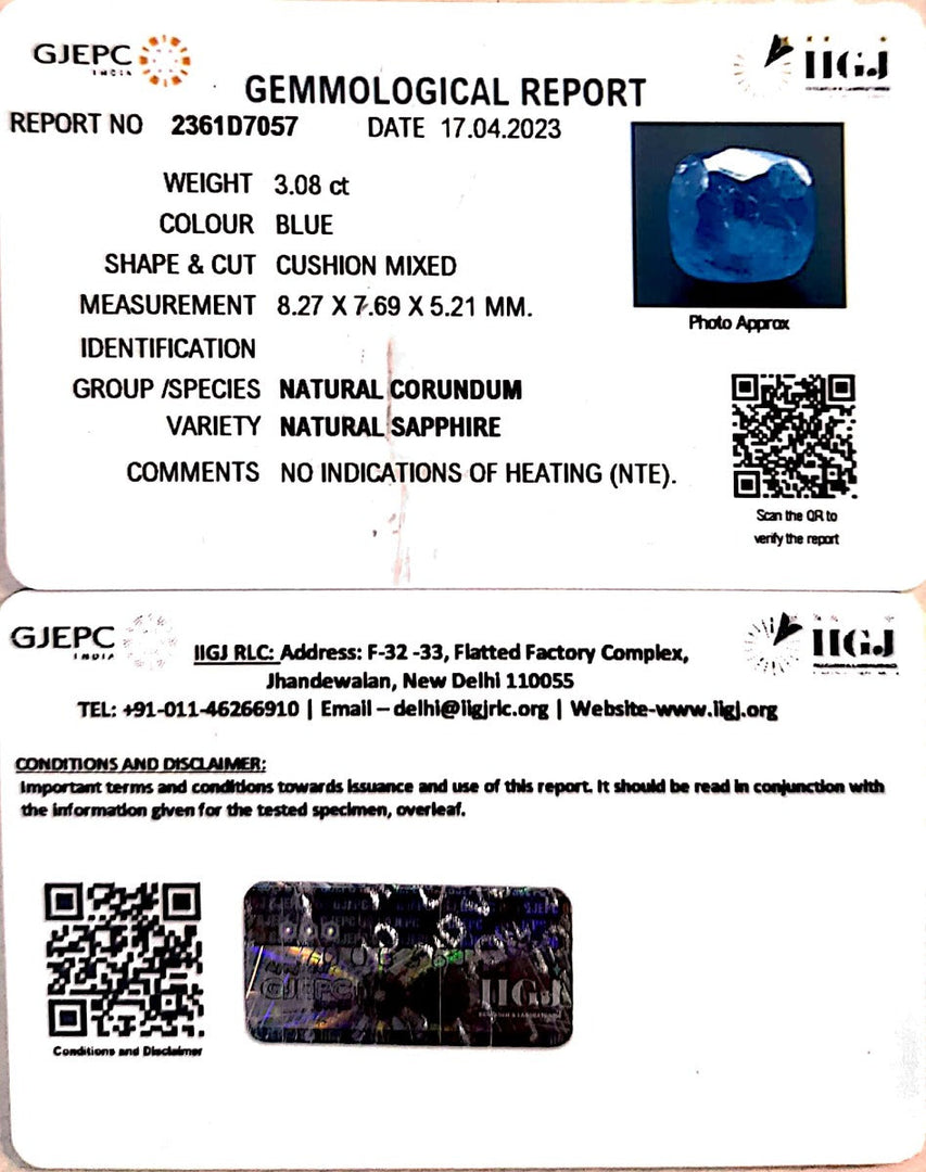 3.08/CT Natural Blue Sapphire with Govt Lab Certificate-BLUSA9T