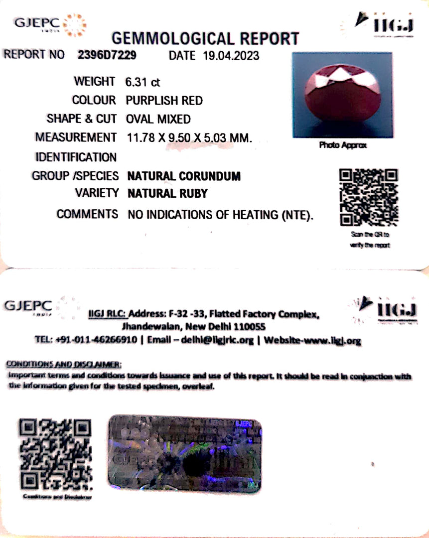 6.31/CT Natural Ruby Stone with Govt. Lab Certificate-2396D7229