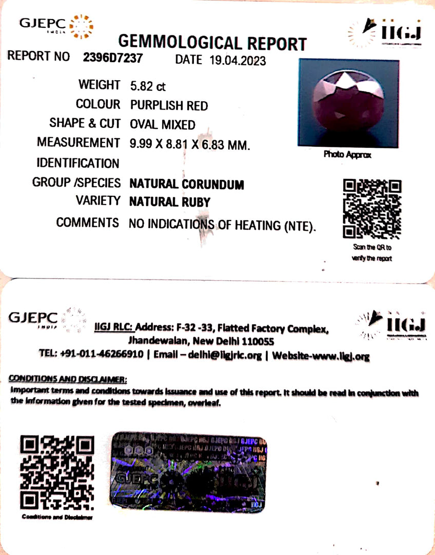 5.82/CT Natural Ruby Stone with Govt. Lab Certificate-2396D7237