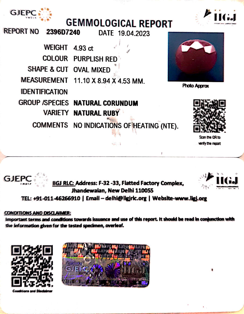 4.93/CT Natural Ruby Stone with Govt. Lab Certificate-2396D7240