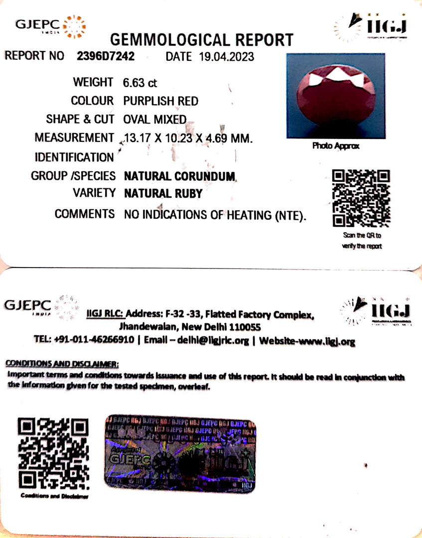 6.63/CT Natural Ruby Stone with Govt. Lab Certificate-2396D7242