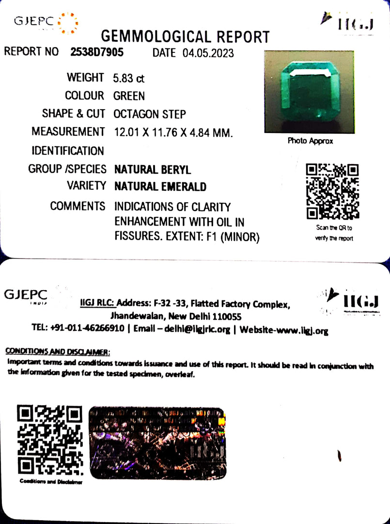 5.83/CT Natural Panna Stone with Govt. Lab Certificate (16650)