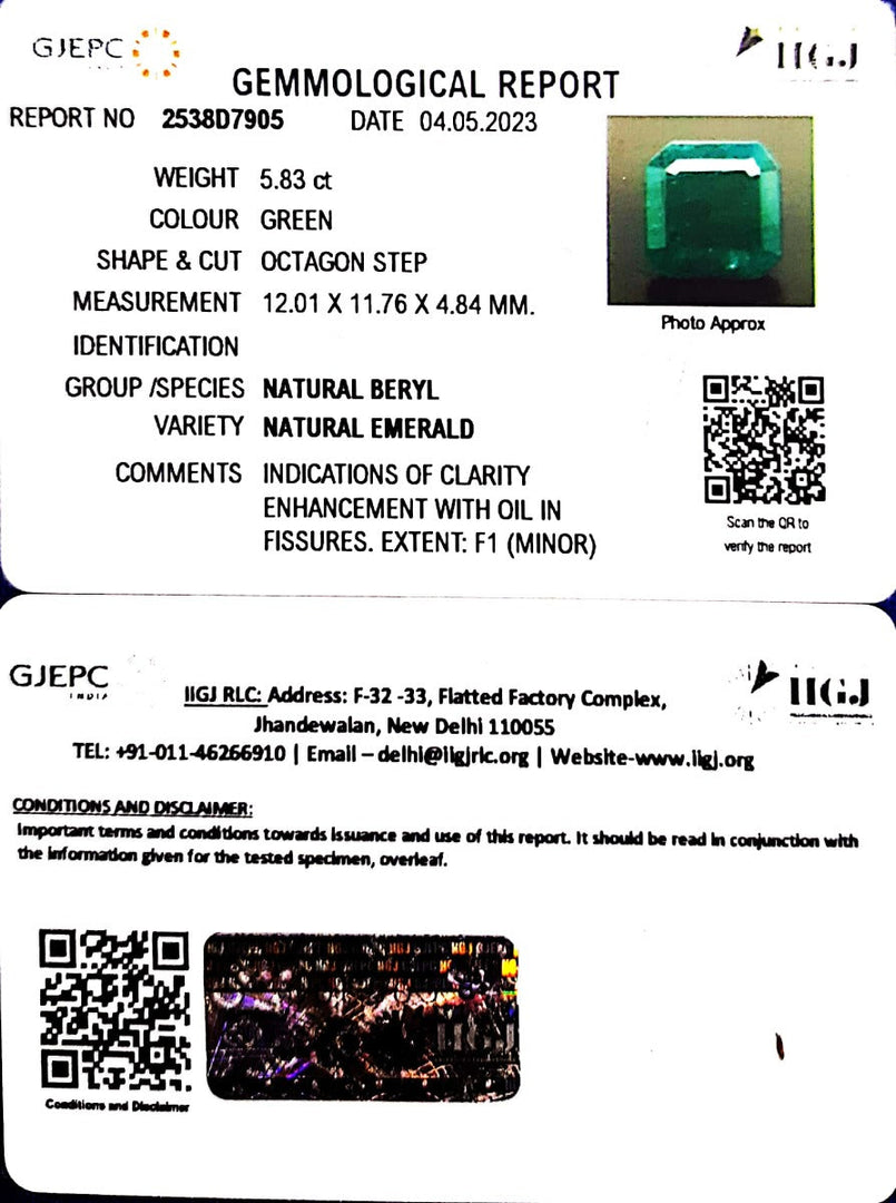 5.83/CT Natural Panna Stone with Govt. Lab Certificate (16650)
