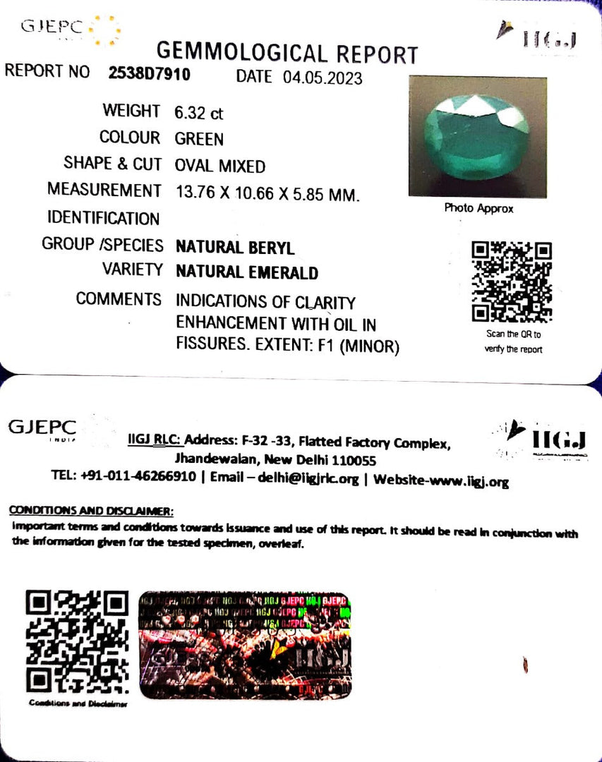 6.32/CT Natural Panna Stone with Govt. Lab Certificate (16650)